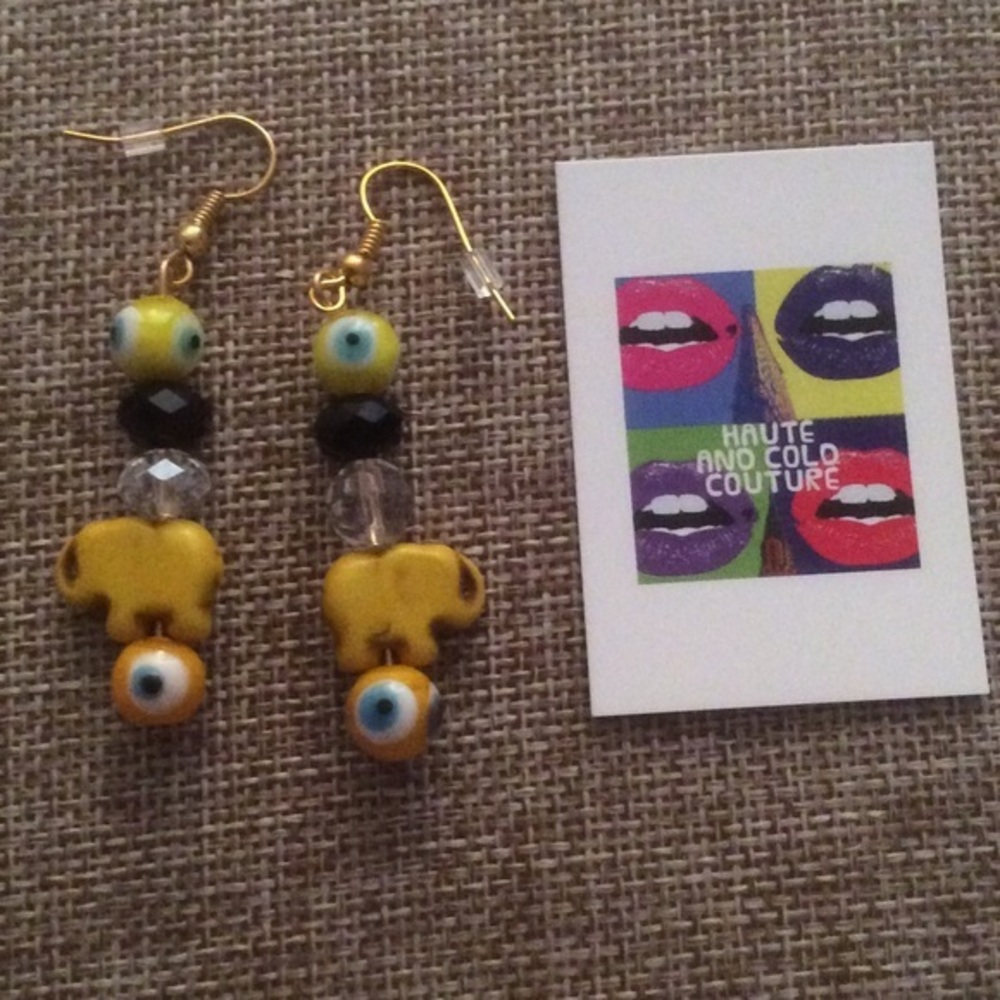 Handmade Yellow Elephant Howlite Evil Eye Earrings